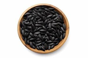 top view black sunflower seeds in a wooden bowl on a white background AI Generated photo