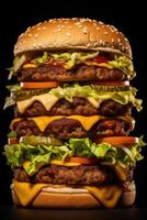 extra large hamburger on a black background Generative AI photo