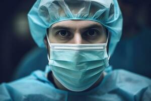 cerca arriba de un cirujano vistiendo un quirúrgico máscara ai generado foto