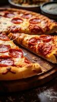 pepperoni pizza is sitting on a wooden cutting board AI Generative photo