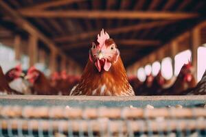 un grupo de pollos en un granero ai generado foto
