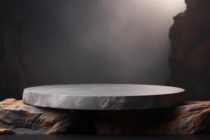a round concrete podium platform on top of a rock photo