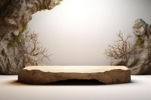 wooden podium platform in front of a cave photo