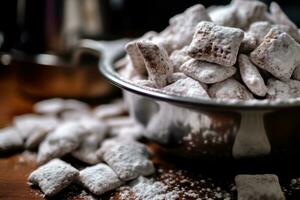 bowl of puppy chow on a wooden table AI Generative photo