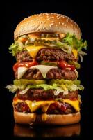 extra grande hamburguesa en un negro antecedentes ai generativo foto
