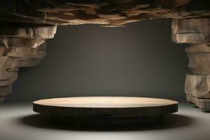 wooden podium platform in the middle of a cave AI Generative photo
