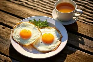 two eggs on a plate next to a cup of coffee AI Generated photo