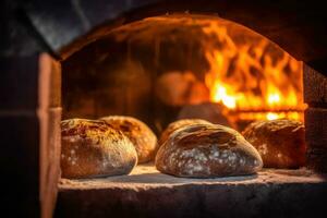 un grupo de panes sentado en un horno con un fuego en el antecedentes ai generado foto