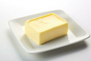 un pedazo de mantequilla en un blanco plato ai generado foto
