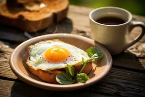 A plate of toast with an egg on it and a cup of coffee AI Generated photo