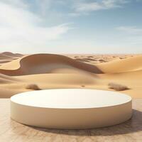 blanco circular podio en el medio de un Desierto paisaje con arena dunas y un claro azul cielo en el antecedentes ai generativo foto
