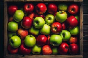 A wooden crate filled with apples AI Generated photo