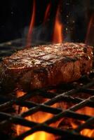 a beef steak is being cooked on a grill with fire flames AI Generative photo