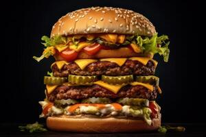 extra large hamburger on a black background AI Generative photo