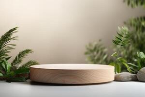 wooden podium platform with plants and rocks AI Generative photo