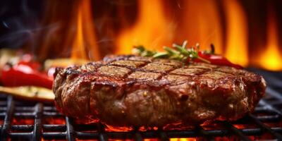 A steak is being cooked on a grill in front of flames AI Generated photo