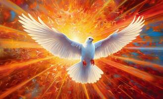 Dove of Divine Light - Depiction of the Holy Spirit as a Dove.The outpouring of the Holy Spirit and the dawn of golden light - symbols of Easter, the Eucharist and the dove. Generative AI, photo