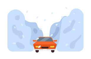 Blizzard flat concept vector spot illustration. Car running away from heavy snowstorm 2D cartoon scene on white for web UI design. Nature disaster isolated editable creative image