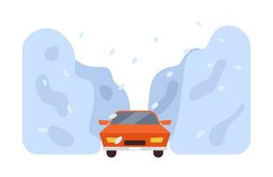 Blizzard flat concept vector spot illustration. Car running away from heavy snowstorm 2D cartoon scene on white for web UI design. Nature disaster isolated editable creative image