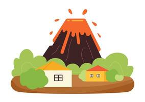 Volcanic eruption flat concept vector spot illustration. Lava from volcano. Mountain foothill houses 2D cartoon scene on white for web UI design. Natural disaster isolated editable creative image