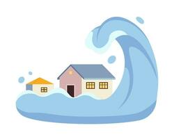 Tsunami flat concept vector spot illustration. Big wave cover town buildings. Catastrophic ocean wave 2D cartoon scene on white for web UI design. Natural disaster isolated editable creative image