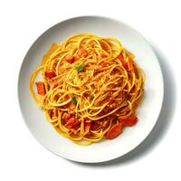 a plate of spaghetti with tomato sauce created with generative ai technology photo