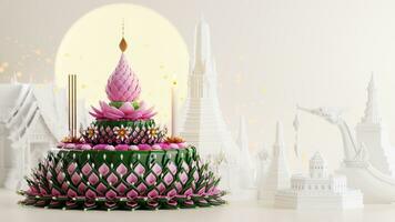 3d rendering illustration Loy Krathong festival  and Yi Peng festival in thailand  krathong from banana leaves, flowers, candles and incense sticks, fullmoon, river, and night background color. photo