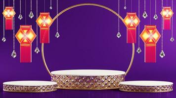 3D rendering podium for diwali festival, Deepavali or Diwali the festival of lights india with gold diya on podium, patterned and crystals on color Background. photo