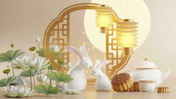 3D rendering for mid autumn festival holiday or chinese new year, chinese festivals with,lanterns, flower, moon, rabbit ,mooncake,tea pot and asian elements on background. photo