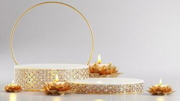 3D rendering podium for diwali festival, Deepavali or Diwali the festival of lights india with gold diya on podium, patterned and crystals on color Background. photo