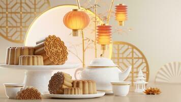 3D rendering for mid autumn festival holiday or chinese new year, chinese festivals with,lanterns, flower, moon, rabbit ,mooncake,tea pot and asian elements on background. photo