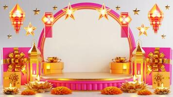 3D rendering podium for diwali festival, Deepavali or Diwali the festival of lights india with gold diya on podium, patterned and crystals on color Background. photo