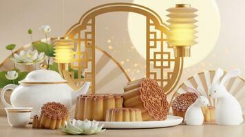 3D rendering for mid autumn festival holiday or chinese new year, chinese festivals with,lanterns, flower, moon, rabbit ,mooncake,tea pot and asian elements on background. photo