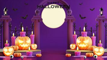 3d rendering illustration design for halloween banner with pumpkin,crucifix, skull, candle, candy, givebox ,grave on background. photo