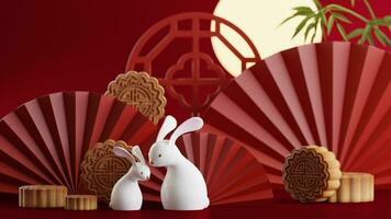 3D rendering for mid autumn festival holiday or chinese new year, chinese festivals with,lanterns, flower, moon, rabbit ,mooncake,tea pot and asian elements on background. photo