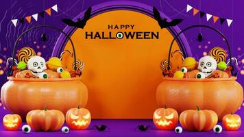 3d rendering illustration design for halloween banner with pumpkin,crucifix, skull, candle, candy, givebox ,grave on background. photo