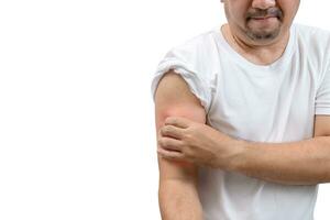 Man with pain in shoulder. Pain in the human body on white background photo