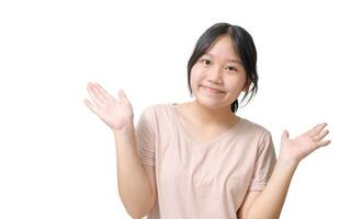 Asian girl raising hands and smile isolated on white background, photo