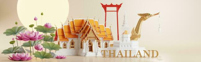 3d rendering illustration background the iconic of thailand travel concept the most beautiful places to visit in thailand in 3d illustration, thai architecture and tradition heritage. photo