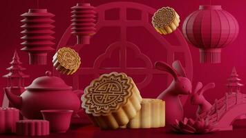 3D rendering for mid autumn festival holiday or chinese new year, chinese festivals with,lanterns, flower, moon, rabbit ,mooncake,tea pot and asian elements on background. photo