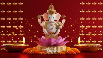 3D rendering for diwali festival Diwali, Deepavali or Dipavali the festival of lights india with gold diya on podium, patterned and crystals on color Background. photo