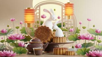 3D rendering for mid autumn festival holiday or chinese new year, chinese festivals with,lanterns, flower, moon, rabbit ,mooncake,tea pot and asian elements on background. photo