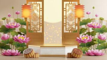 3D rendering podium for mid autumn festival holiday or chinese new year, chinese festivals with,lanterns, flower, moon, rabbit ,mooncake,tea pot and asian elements on background. photo