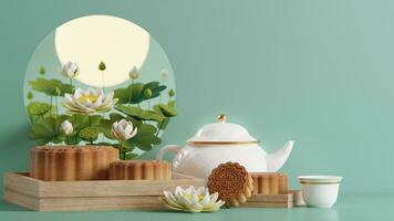 3D rendering for mid autumn festival holiday or chinese new year, chinese festivals with,lanterns, flower, moon, rabbit ,mooncake,tea pot and asian elements on background. photo