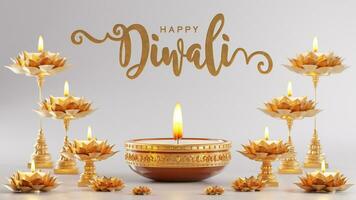 3D rendering for diwali festival Diwali, Deepavali or Dipavali the festival of lights india with gold diya on podium, patterned and crystals on color Background. photo