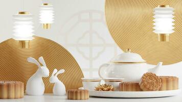 3D rendering for mid autumn festival holiday or chinese new year, chinese festivals with,lanterns, flower, moon, rabbit ,mooncake,tea pot and asian elements on background. photo