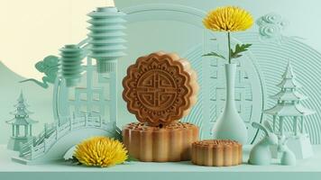 3D rendering for mid autumn festival holiday or chinese new year, chinese festivals with,lanterns, flower, moon, rabbit ,mooncake,tea pot and asian elements on background. photo