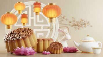 3d representación para medio otoño festival fiesta o chino nuevo año, chino festivales con linternas, flor, luna, Conejo ,pastel de luna,té maceta y asiático elementos en antecedentes. foto