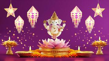 3D rendering for diwali festival Diwali, Deepavali or Dipavali the festival of lights india with gold diya on podium, patterned and crystals on color Background. photo