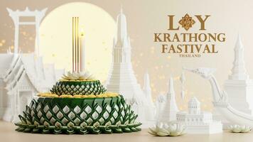 3d representación ilustración loy krathong festival y yi peng festival en Tailandia krathong desde plátano hojas, flores, velas y incienso palos, Luna llena, río, y noche antecedentes color. foto